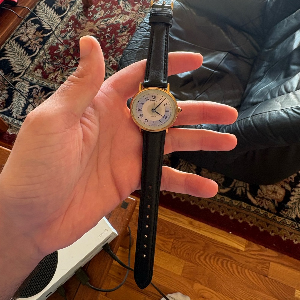 Classic Black Leather Gold-Tone Timex Watch 1990